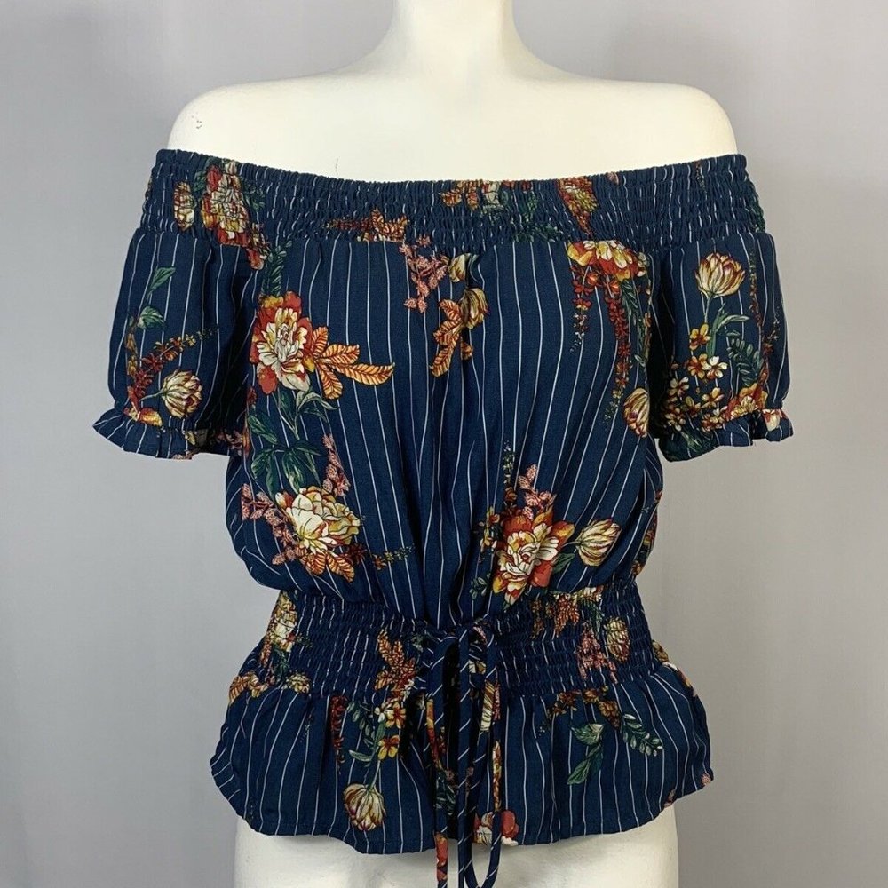 OLM Blue Floral Striped Blouse Medium